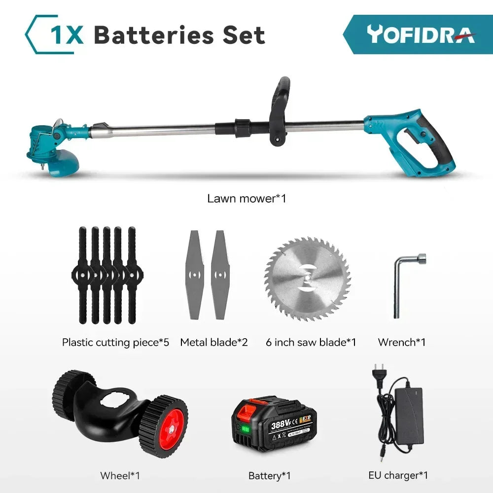 YOFIDRA Electric Lawn Mower Cordless Garden Grass Cutting Trimmer 100-135cm Length Cutter Power Tool For Makita 18V Battery Pin