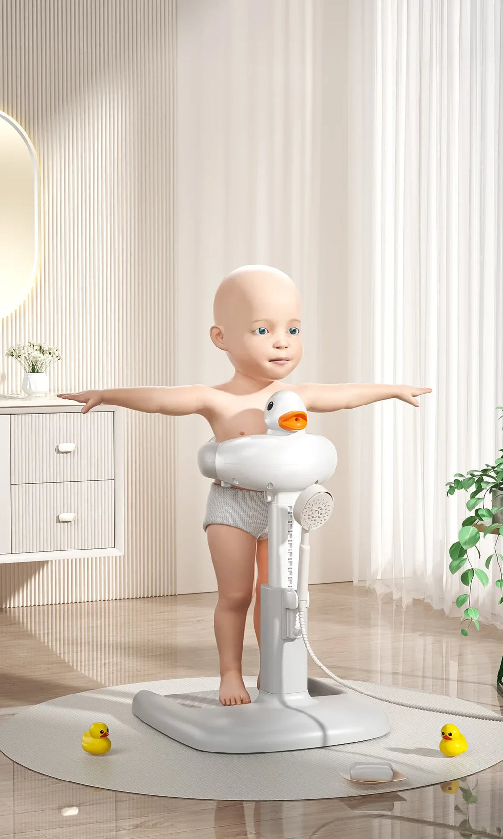 Portable Non-slip Duck Shaped Baby Bath Racks Shower Helper Handle Adjust Length Stand Themselves for Standing Toddler Shower