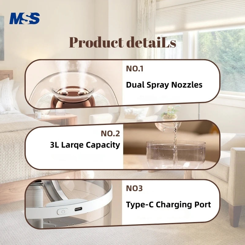 MSS 2-in-1 Air Purifier Cool Mist Humidifier - Double Nozzle & Night Light, Ideal for Bedroom, Living Room & Office Desktop
