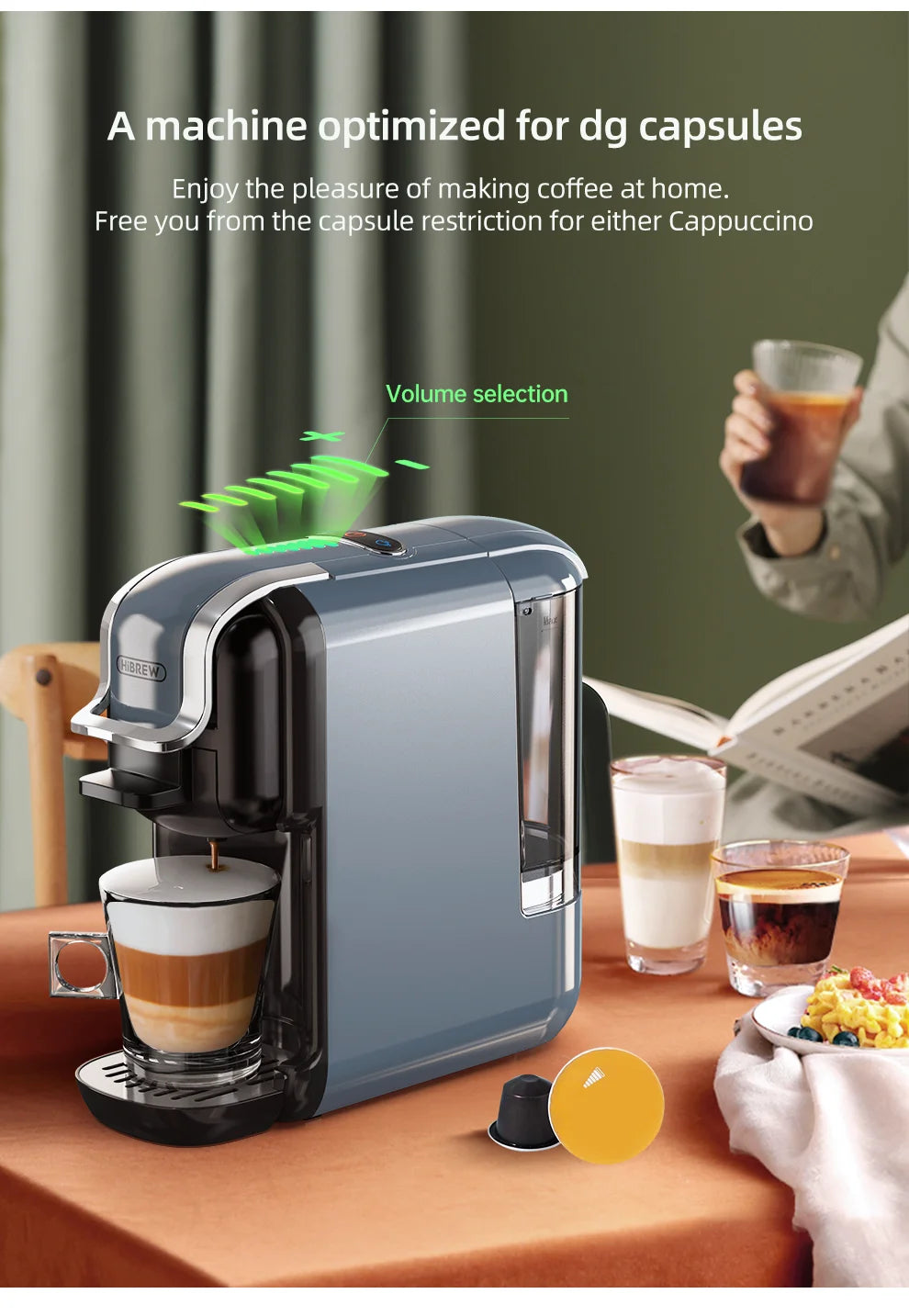 HiBREW 5 in 1 Multiple Capsule Coffee Machine Hot/Cold DG Cappuccino Nes Capsule ESE Pod Ground Coffee Cafeteria 20Bar H2B Grey
