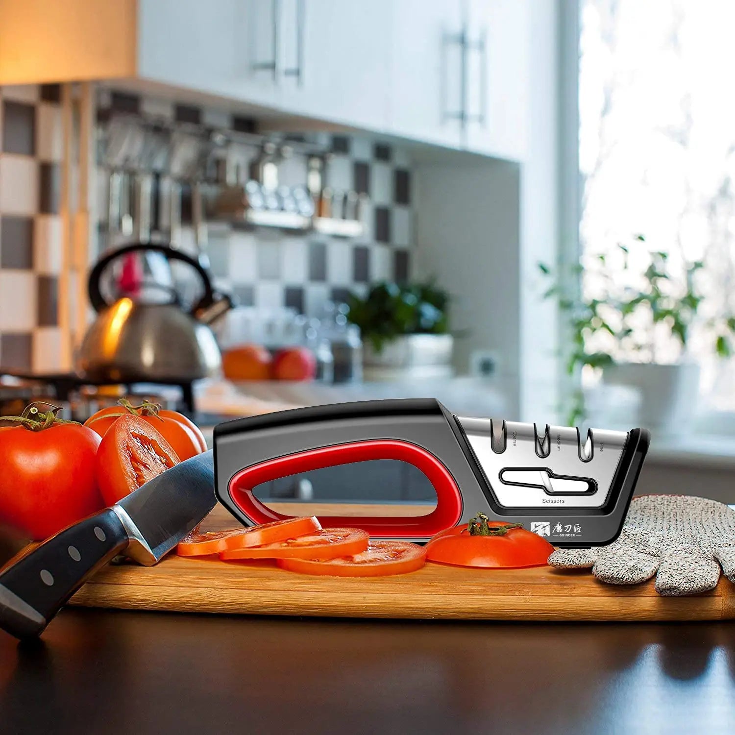 4-in-1 Kitchen Knife Sharpening Kit 3-Stage Sharpener Restores, Revives, and Polishes Blades + Repairs Scissors