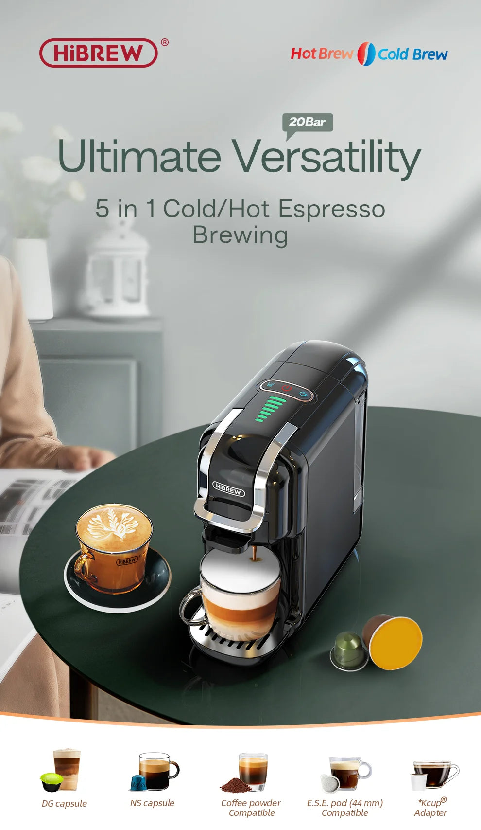 HiBREW 5 in 1 Multiple Capsule Coffee Machine Hot/Cold DG Cappuccino Nes Small Capsule ESE Pod Ground Coffee Cafeteria 20Bar H2B