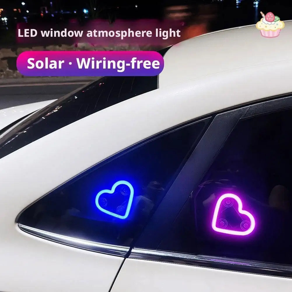 Car Triangle Window LED Solar Powered Heart-shaped Neon Light Rear Window Illuminated Interior Decoration Atmosphere Light