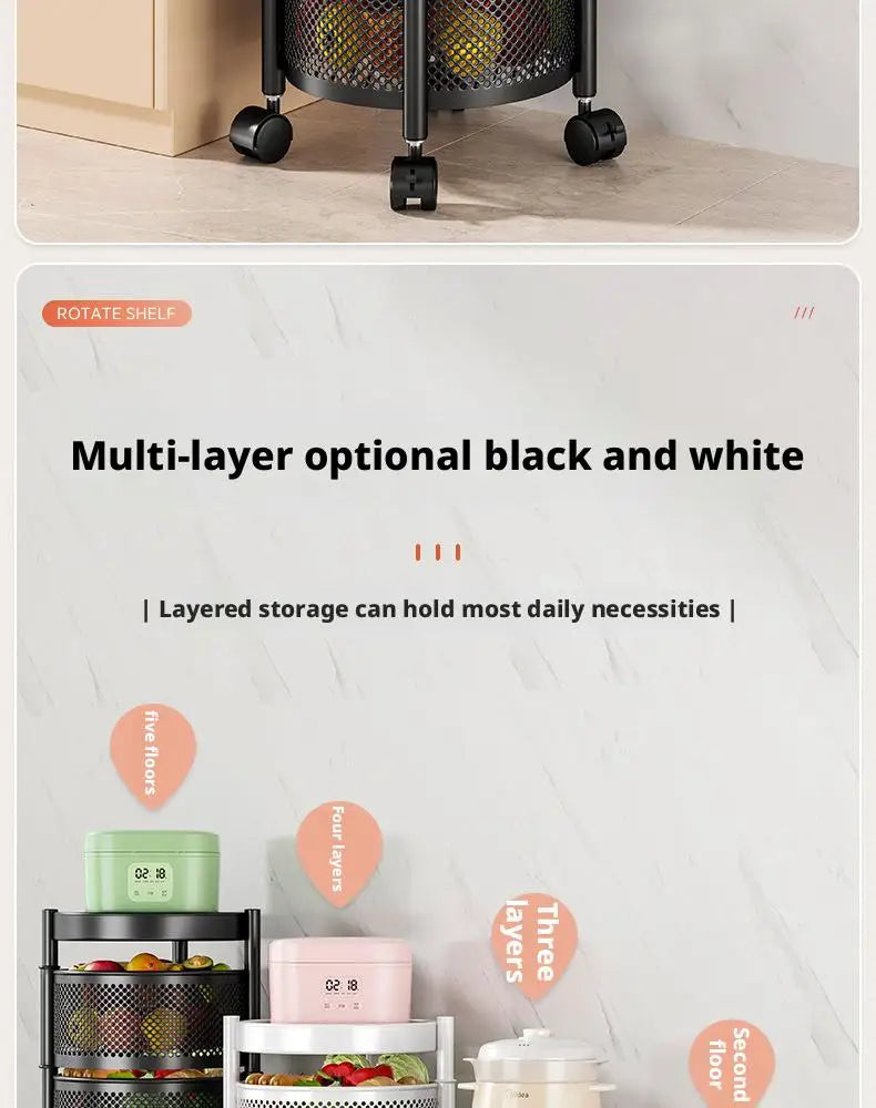 Square Rotating Storage Rack Kitchen Floor-To-Ceiling Multi-Layer Snacks Fruits And Vegetables Sundries Rolling Trolley Basket