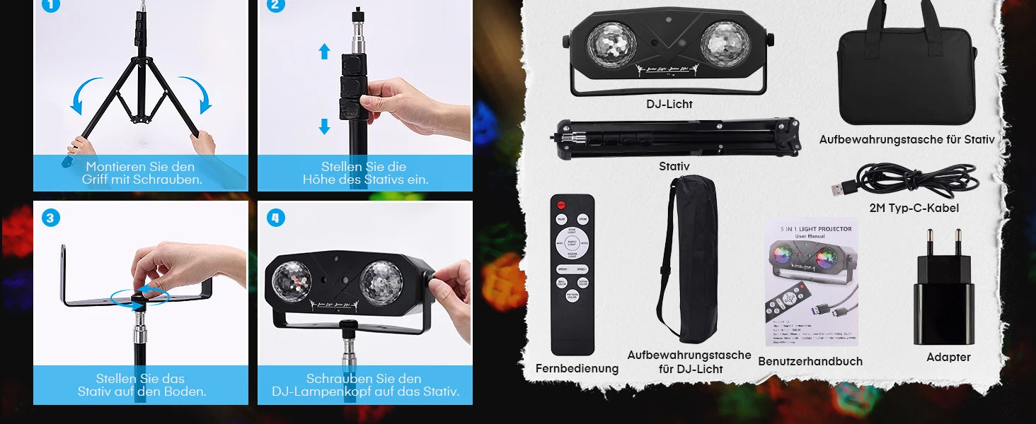 5-in-1 Disco Lights Led DJ Light with Tripod Stand, Kaleidoscope Ball/Red Green Pattern/Sound Activated/Star Light/Strobe Effect