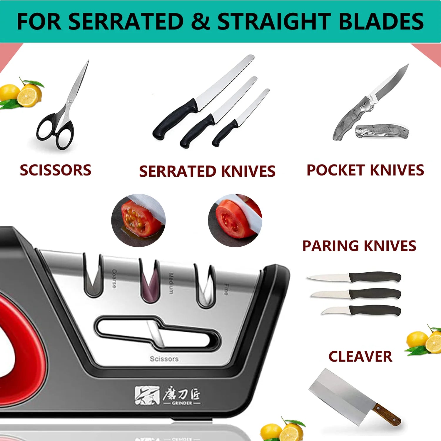 4-in-1 Kitchen Knife Sharpening Kit 3-Stage Sharpener Restores, Revives, and Polishes Blades + Repairs Scissors