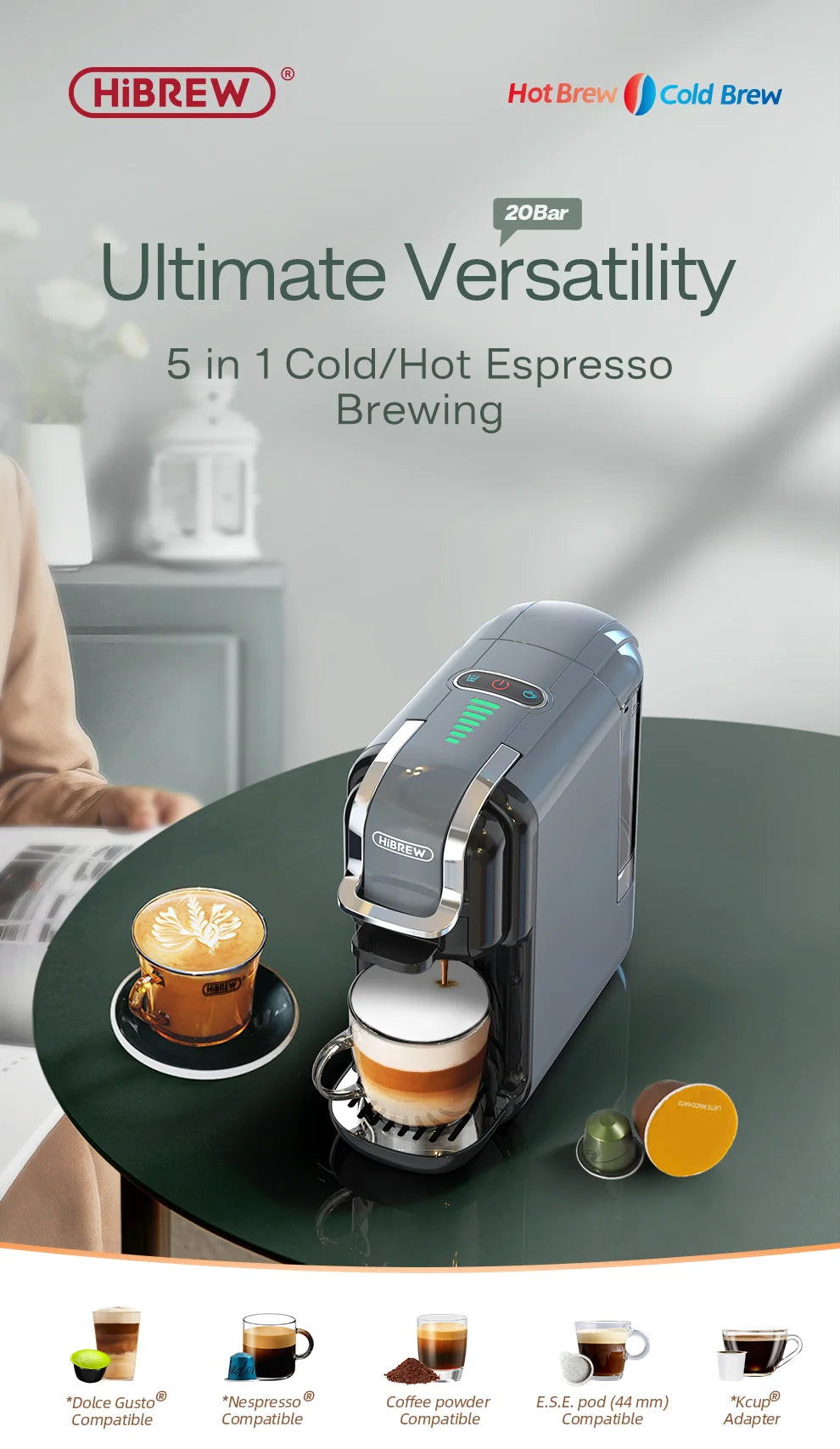 HiBREW 5 in 1 Multiple Capsule Coffee Machine Hot/Cold DG Cappuccino Nes Capsule ESE Pod Ground Coffee Cafeteria 20Bar H2B Grey