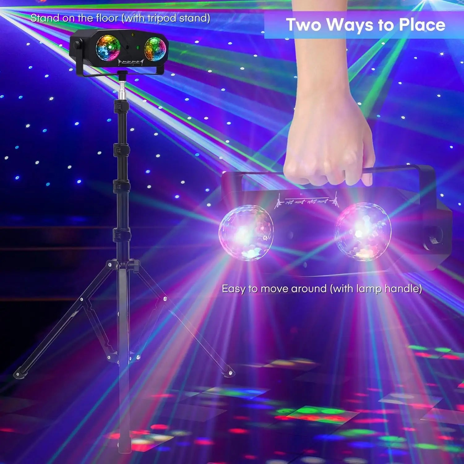 5-in-1 Disco Lights Led DJ Light with Tripod Stand, Kaleidoscope Ball/Red Green Pattern/Sound Activated/Star Light/Strobe Effect