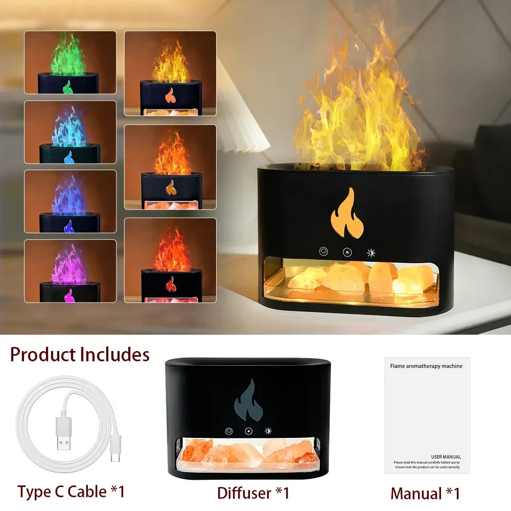 New Fireplace Humidifier Crystal Salt Rock Fire Lamp 7 Color Flame Aroma Volcano Air Humidifier Essential Oil Diffuser for Home