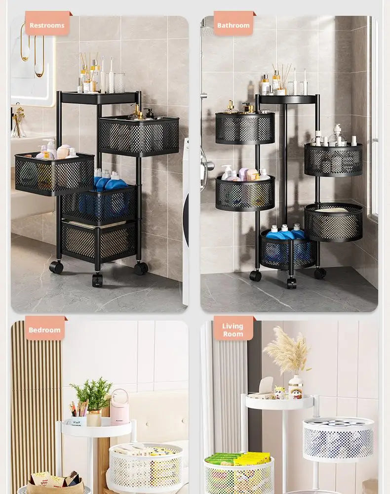 Square Rotating Storage Rack Kitchen Floor-To-Ceiling Multi-Layer Snacks Fruits And Vegetables Sundries Rolling Trolley Basket
