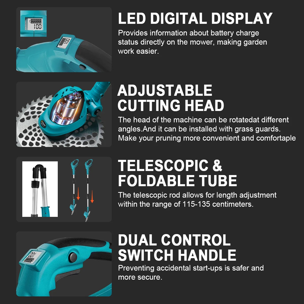 Gisam 10Inch Brushless Electric Lawn Mower Foldable Cutter Cordless Garden Grass Cutting Trimmer Tool For Makita 18V Battery Pin