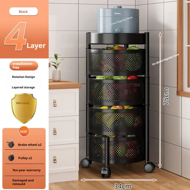 Square Rotating Storage Rack Kitchen Floor-To-Ceiling Multi-Layer Snacks Fruits And Vegetables Sundries Rolling Trolley Basket