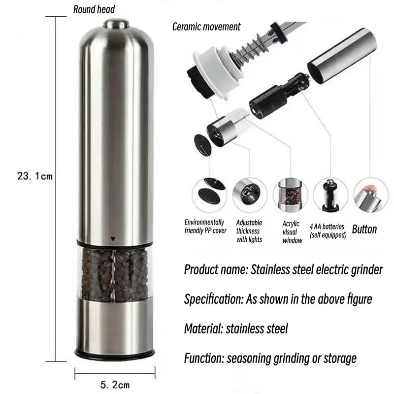 Electric Salt Pepper Grinder Set Stainless Steel One Handed Operation Automatic Spice Mill with Light for Kitchen