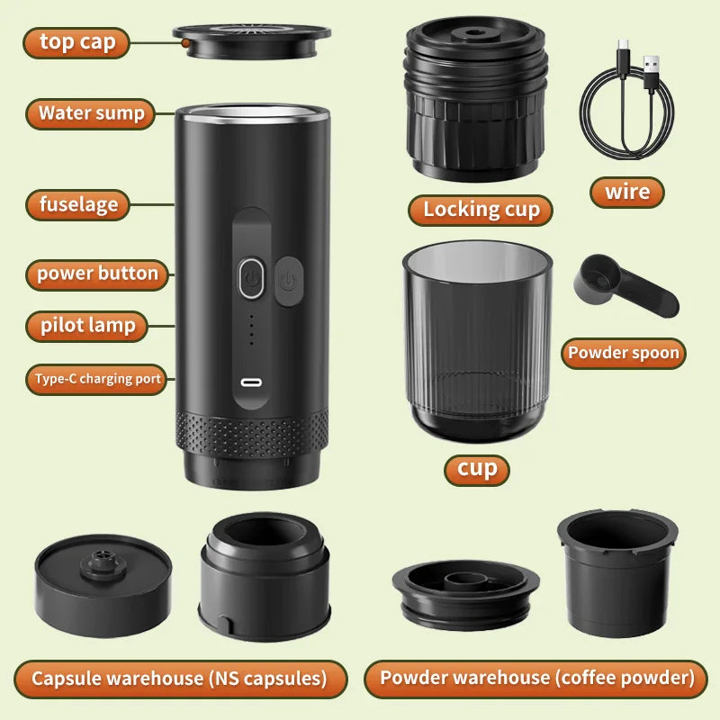 2-in-1 Wireless Electric Espresso Coffee Machine for Car & Home Camping Portable Coffee MakerCapsule Powder Travel Coffee Maker