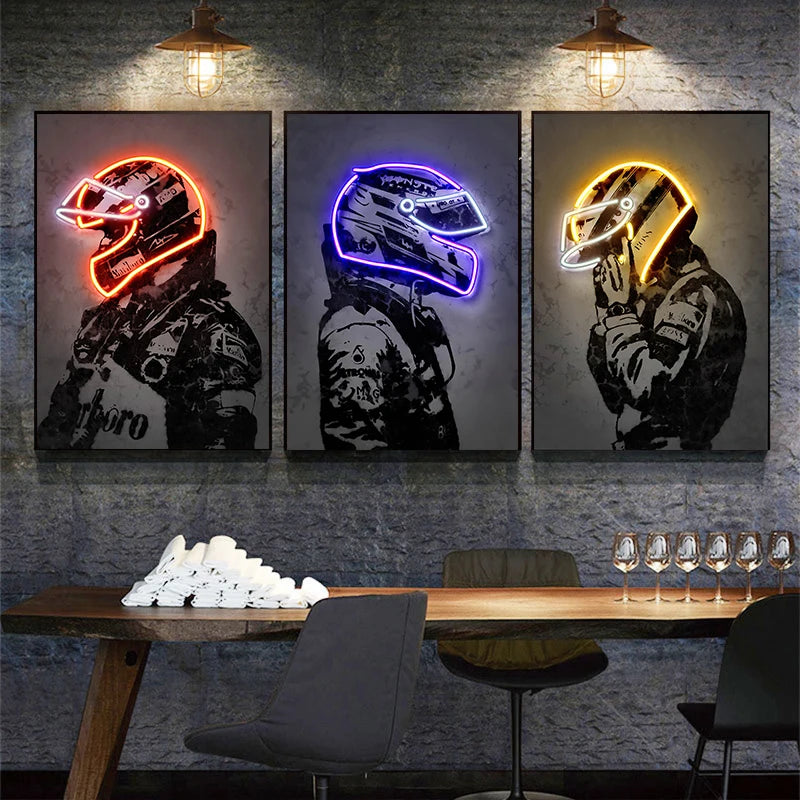 Retro Fashion Neon Light Effect Motorcycle Helmet Poster Print Canvas Painting Graffiti Art Wall Picture for Bar Room Home Decor