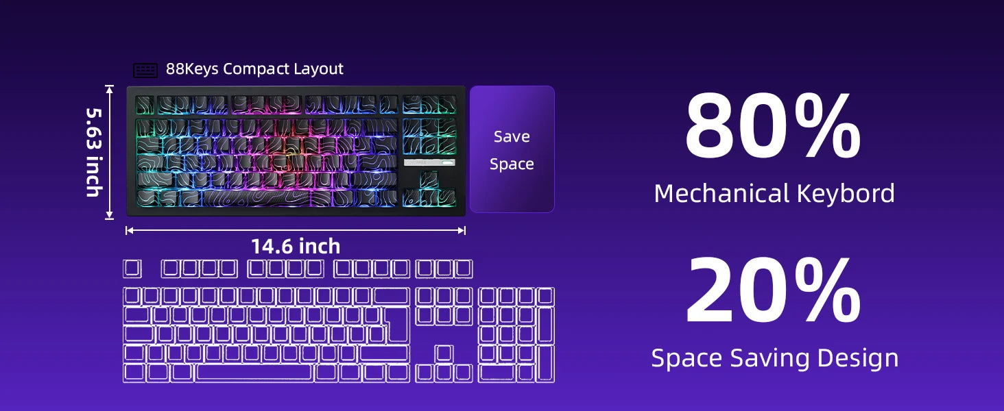 ZORNHER ZH870 Wireless Mechanical Keyboard 80% Black Custom Creamy Sound Keyboard Gaming  Lighted Up Black Topographic Keycap