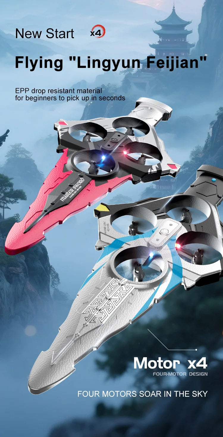 4DRC New V55 Remote Controlled Flying Sword Toy Drone Model 2.4G RC Quadcopter with Light Sword Stunt Glider Airplane Kids Toys