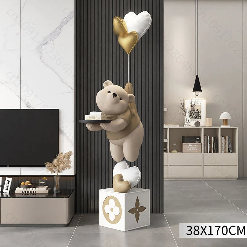 Large Floor Art Statue Home Decor Standing Ornaments Bear Sculpture with Tray Cartoon Bear Figurine for Living Room Stylish
