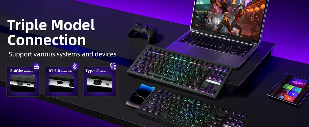 ZORNHER ZH870 Wireless Mechanical Keyboard 80% Black Custom Creamy Sound Keyboard Gaming  Lighted Up Black Topographic Keycap