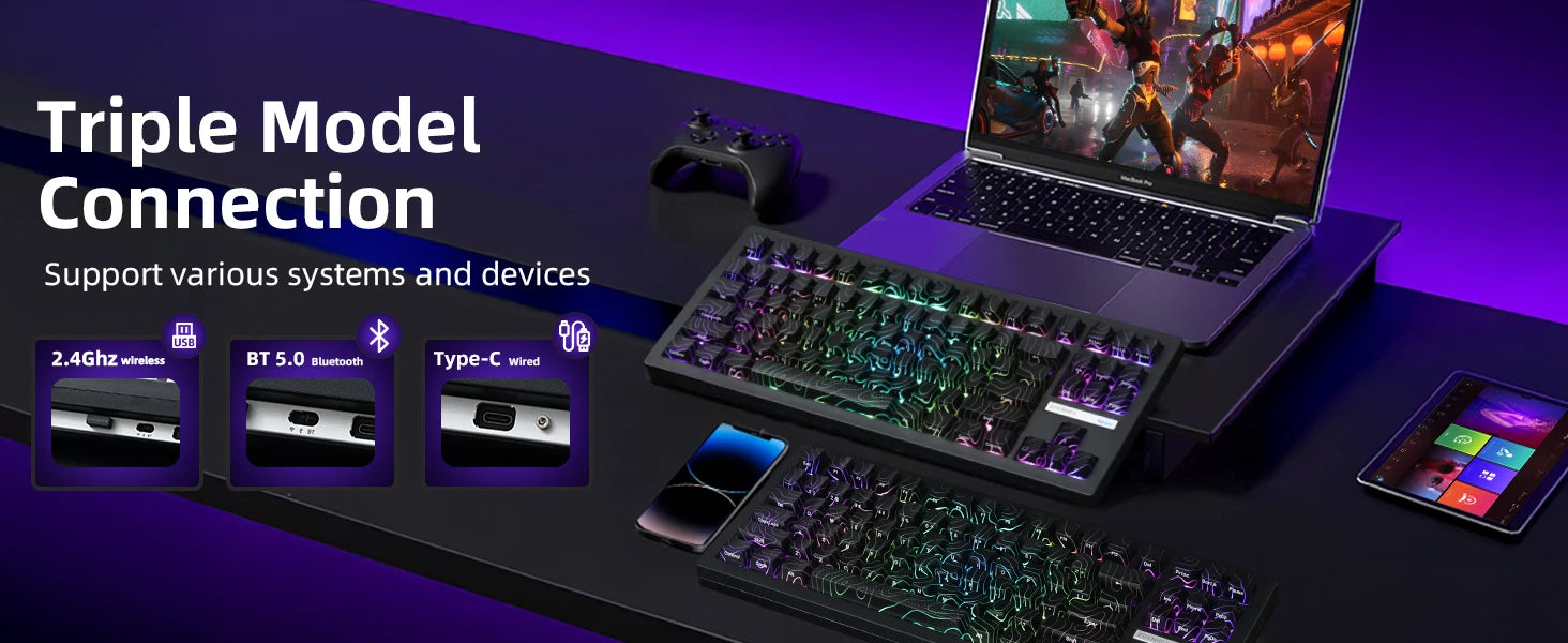 ZORNHER ZH870 Wireless Mechanical Keyboard 80% Black Custom Creamy Sound Keyboard Gaming  Lighted Up Black Topographic Keycap