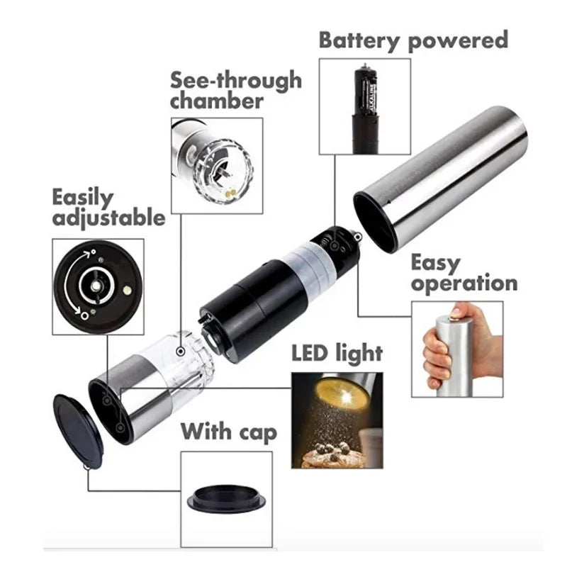 Electric Salt Pepper Grinder Set Stainless Steel One Handed Operation Automatic Spice Mill with Light for Kitchen