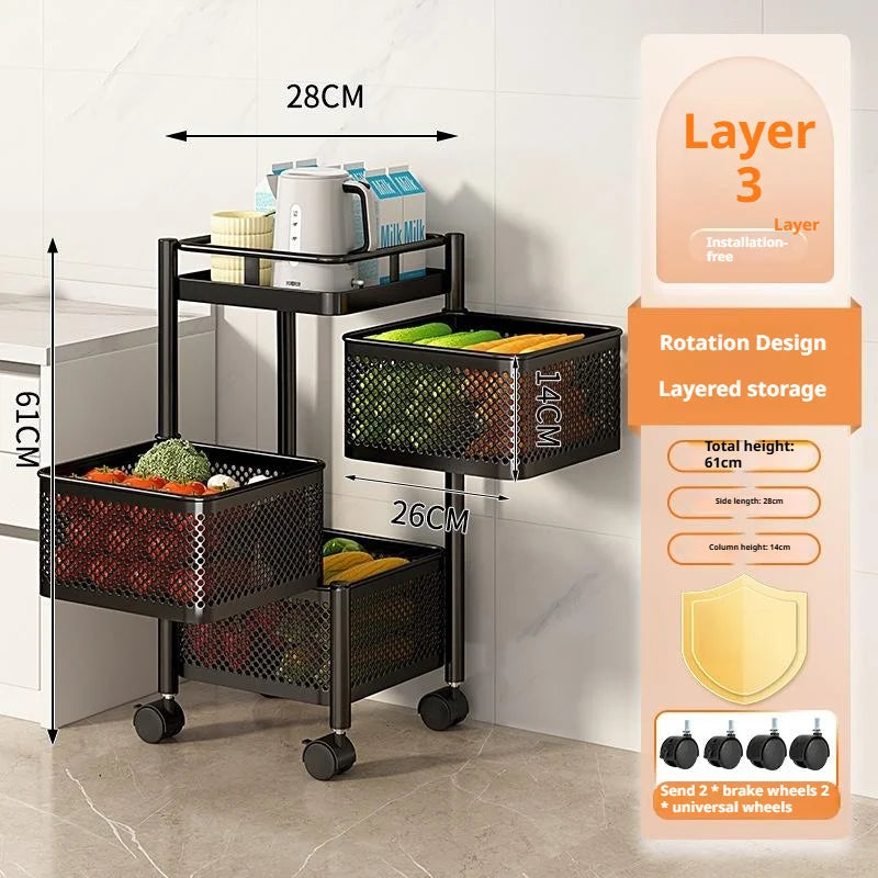 Square Rotating Storage Rack Kitchen Floor-To-Ceiling Multi-Layer Snacks Fruits And Vegetables Sundries Rolling Trolley Basket
