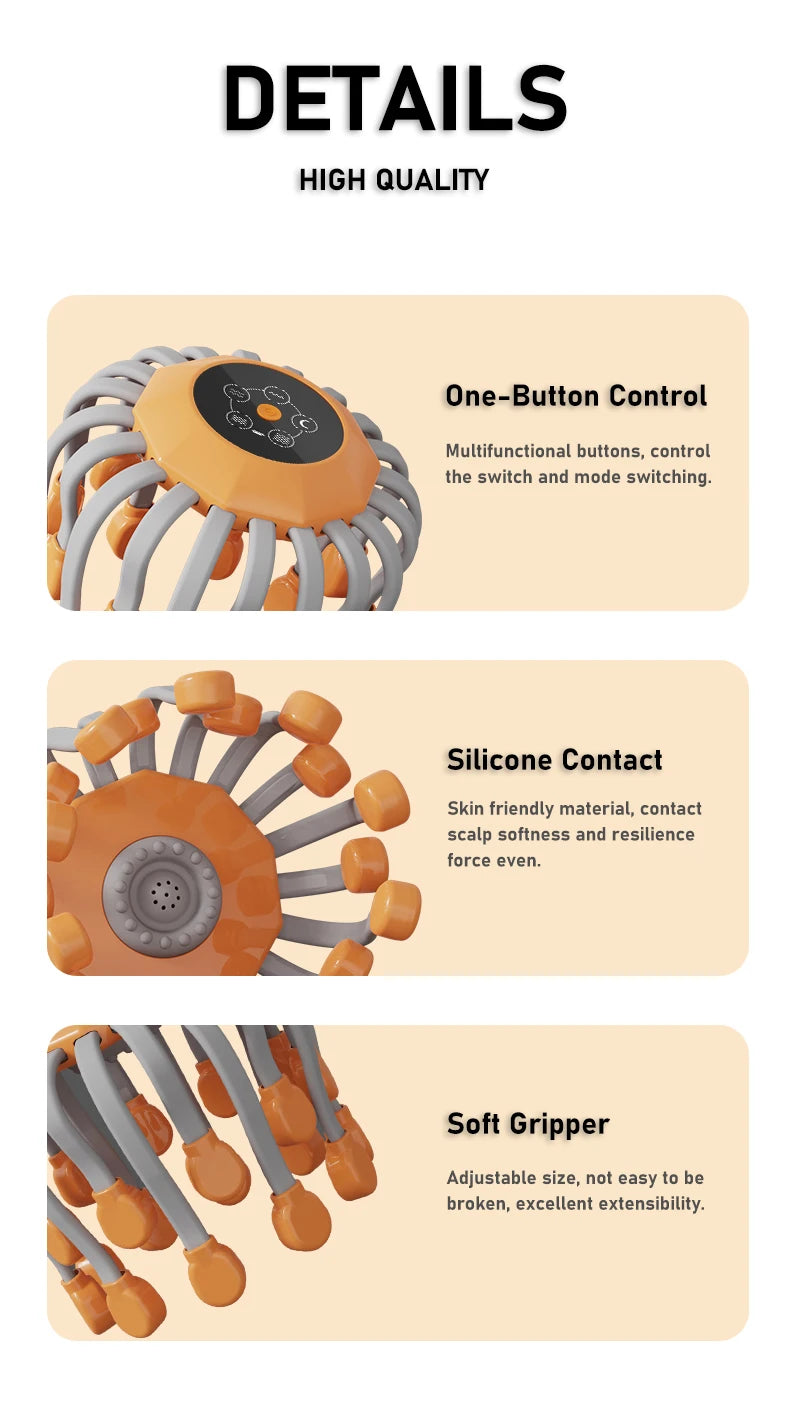 20Massage Heads Orange Scalp Head Massager Red Light Vibrator Octopus Scratcher For Relaxation Stress Migraine