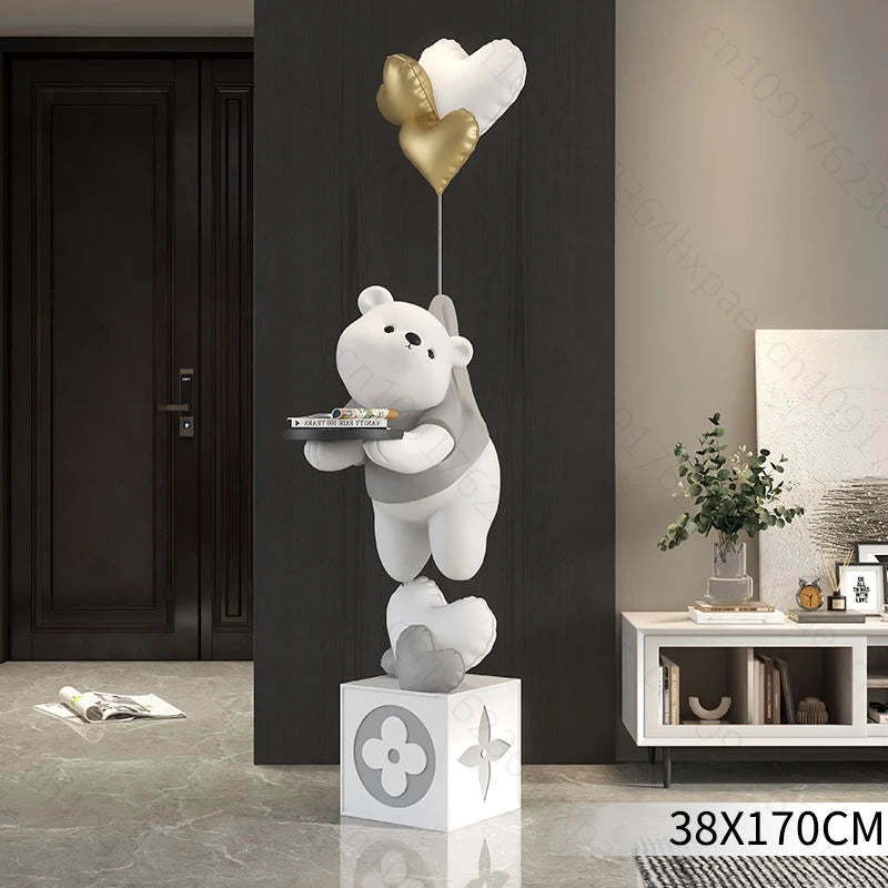 Large Floor Art Statue Home Decor Standing Ornaments Bear Sculpture with Tray Cartoon Bear Figurine for Living Room Stylish