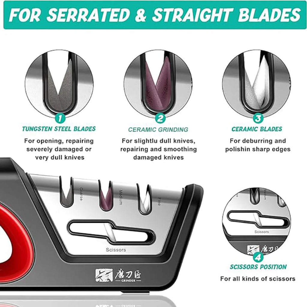 4-in-1 Kitchen Knife Sharpening Kit 3-Stage Sharpener Restores, Revives, and Polishes Blades + Repairs Scissors