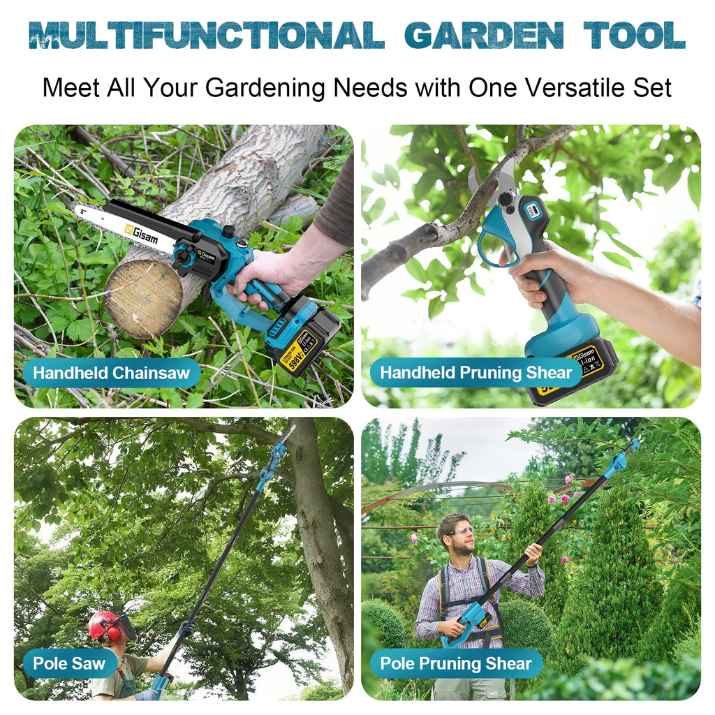 Gisam 4 in 1 Brushless High Branch Saw Chainsaw & Pruning Shears Garden Tool With Telescoping Pole For Makita 18v Battery Pin