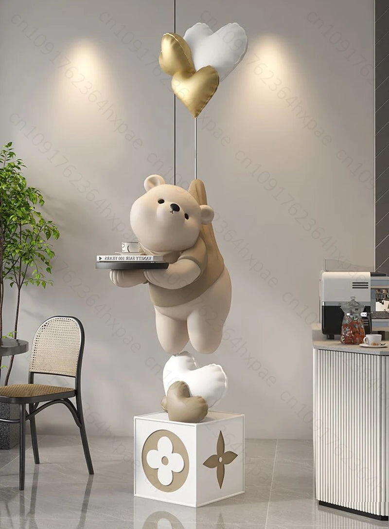 Large Floor Art Statue Home Decor Standing Ornaments Bear Sculpture with Tray Cartoon Bear Figurine for Living Room Stylish