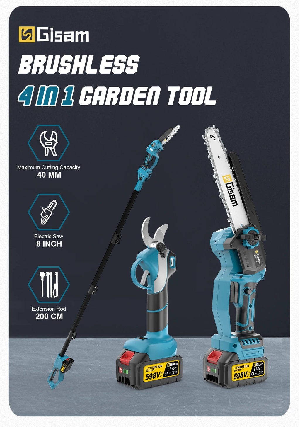 Gisam 4 in 1 Brushless High Branch Saw Chainsaw & Pruning Shears Garden Tool With Telescoping Pole For Makita 18v Battery Pin