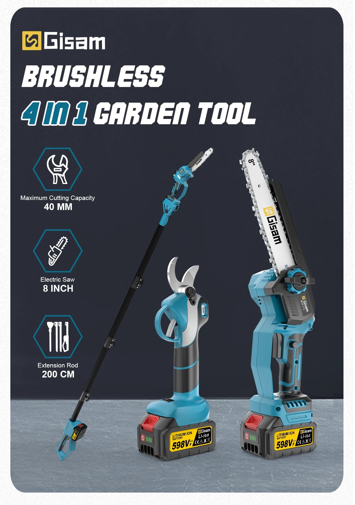 Gisam 4 in 1 Brushless High Branch Saw Chainsaw & Pruning Shears Garden Tool With Telescoping Pole For Makita 18v Battery Pin