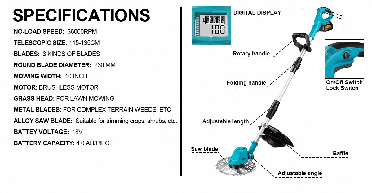 Gisam 10Inch Brushless Electric Lawn Mower Foldable Cutter Cordless Garden Grass Cutting Trimmer Tool For Makita 18V Battery Pin