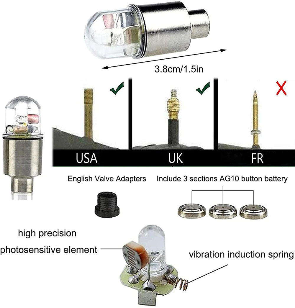 4Pcs LED Wheel Lights -Bike Tire Valve Stem Neon Light Bulb for Car Motorcycle Bicycle Tyre Dust Cap Waterproof Flash Stems Caps