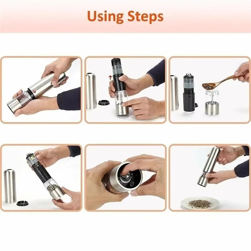 Electric Salt Pepper Grinder Set Stainless Steel One Handed Operation Automatic Spice Mill with Light for Kitchen