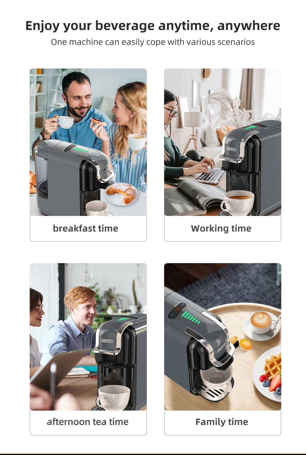 HiBREW 5 in 1 Multiple Capsule Coffee Machine Hot/Cold DG Cappuccino Nes Capsule ESE Pod Ground Coffee Cafeteria 20Bar H2B Grey