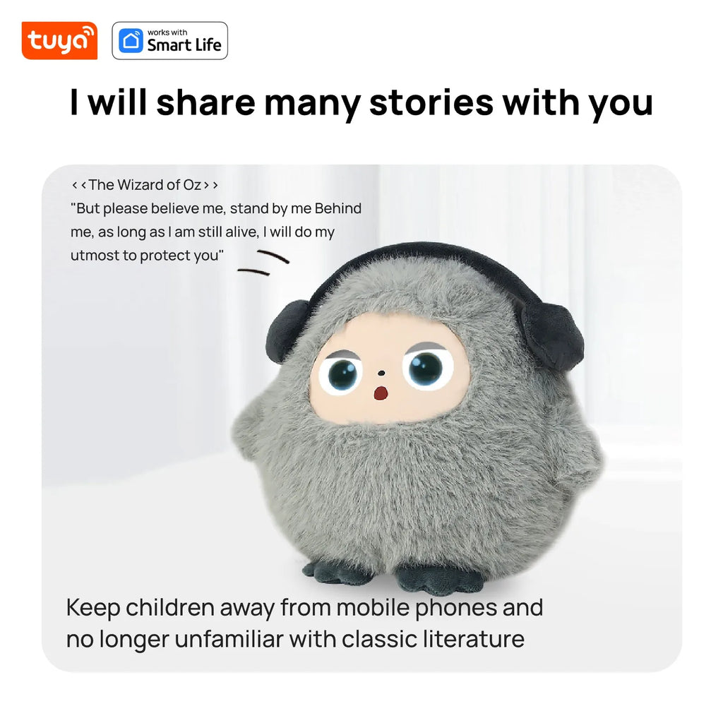 Cute Gray BOBO:AI Plush Robot Smart Interactive Toy w/LED Eyes&Voice Control,USB Rechargeable Companion for Kids Gifts/SmartHome