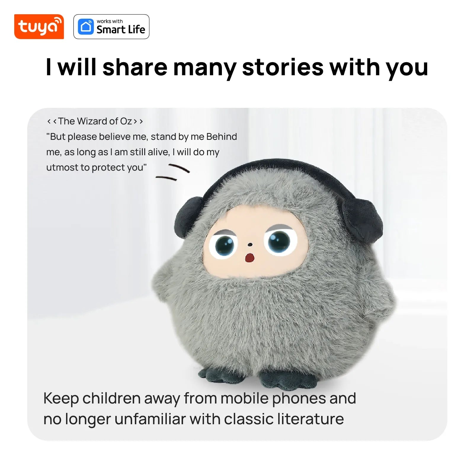 Cute Gray BOBO:AI Plush Robot Smart Interactive Toy w/LED Eyes&Voice Control,USB Rechargeable Companion for Kids Gifts/SmartHome