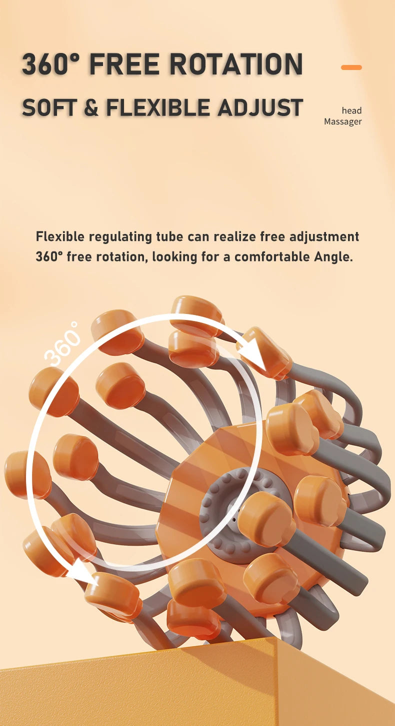 20Massage Heads Orange Scalp Head Massager Red Light Vibrator Octopus Scratcher For Relaxation Stress Migraine