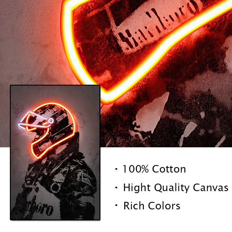 Retro Fashion Neon Light Effect Motorcycle Helmet Poster Print Canvas Painting Graffiti Art Wall Picture for Bar Room Home Decor