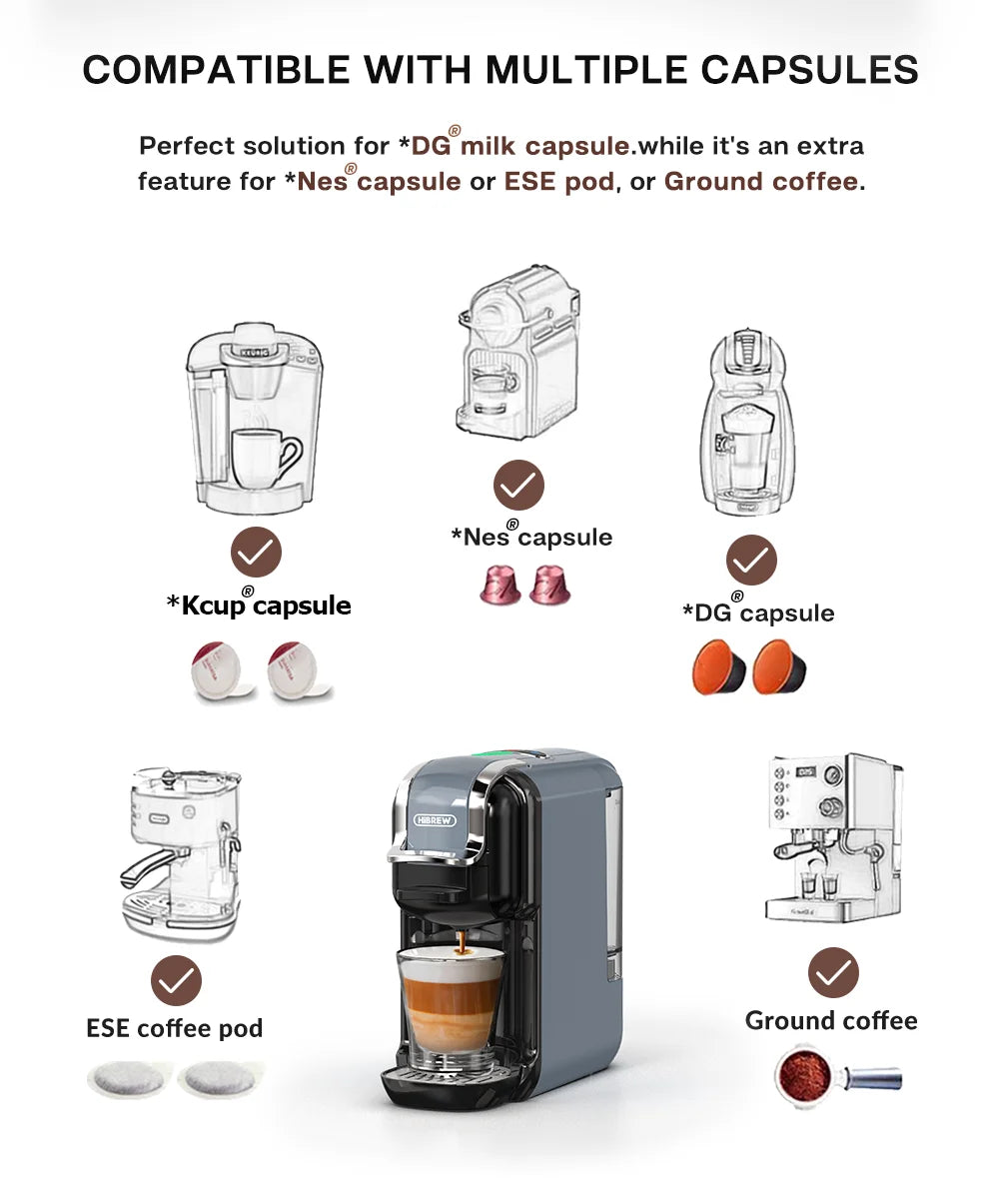 HiBREW 5 in 1 Multiple Capsule Coffee Machine Hot/Cold DG Cappuccino Nes Capsule ESE Pod Ground Coffee Cafeteria 20Bar H2B Grey