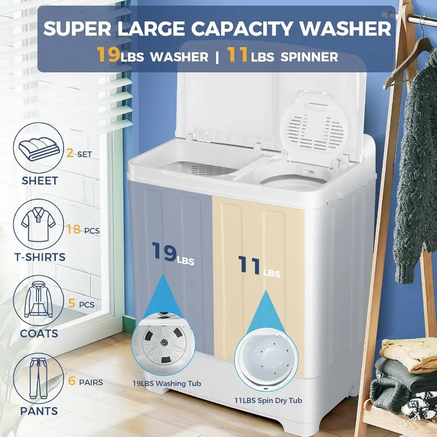 Portable Washing Machine with 30Lbs Total Capacity Featuring Twin Tub Design: 19Lbs Washer and 11Lbs Spin Dryer with Builtin Dr