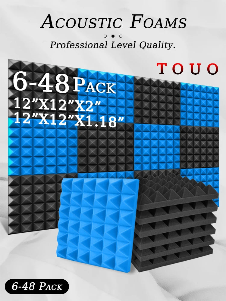 TOUO Acoustic Foam 6-48 Pcs Pyramid Soundproofing Sponge Pad High Density Sound Absorbing Foams Drum Room Acoustic Treatment