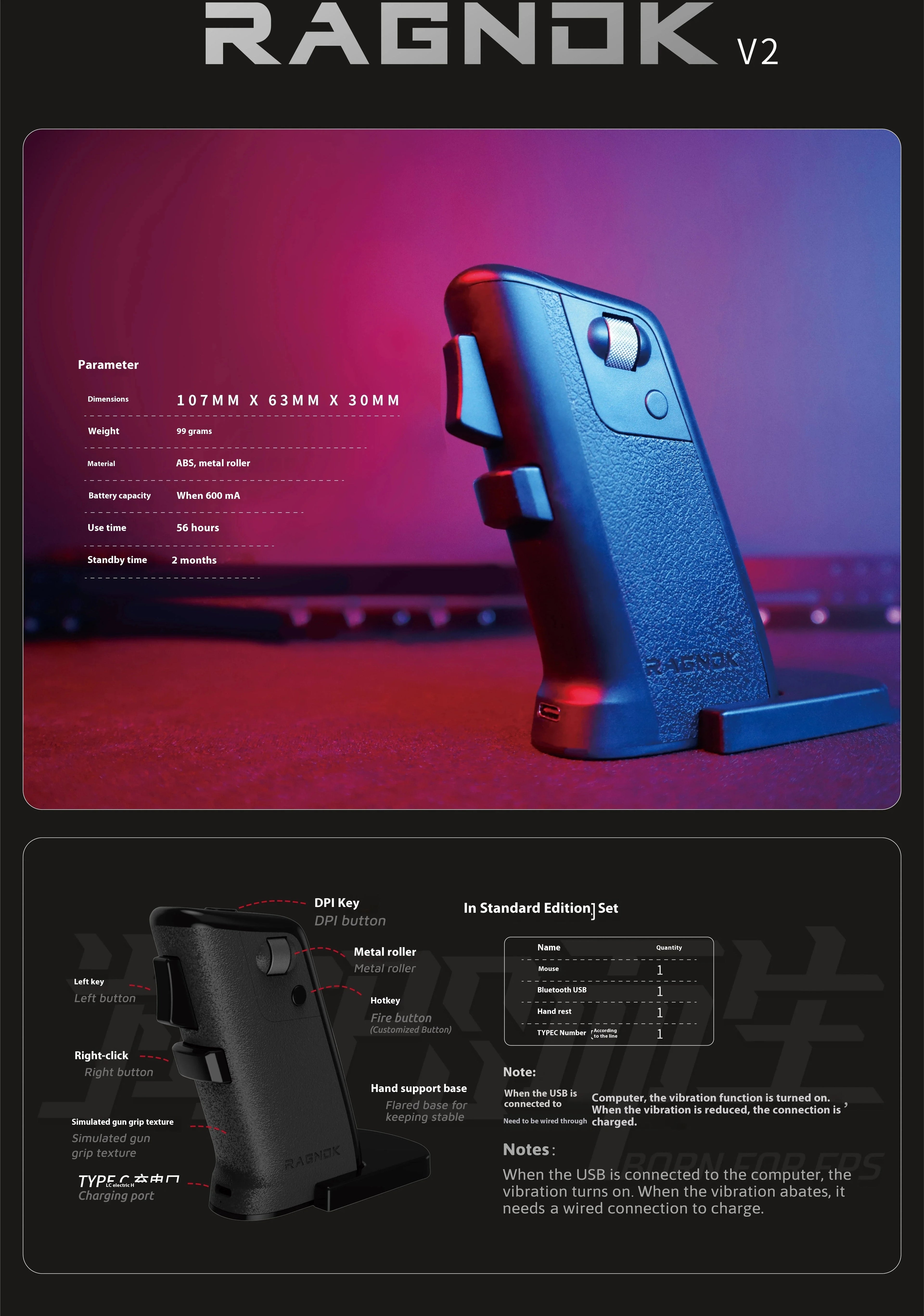 Gun Mouse For Shooting Games Custom Black White Wireless Dual-Mode Vertical Gaming Mouse Born For Fps