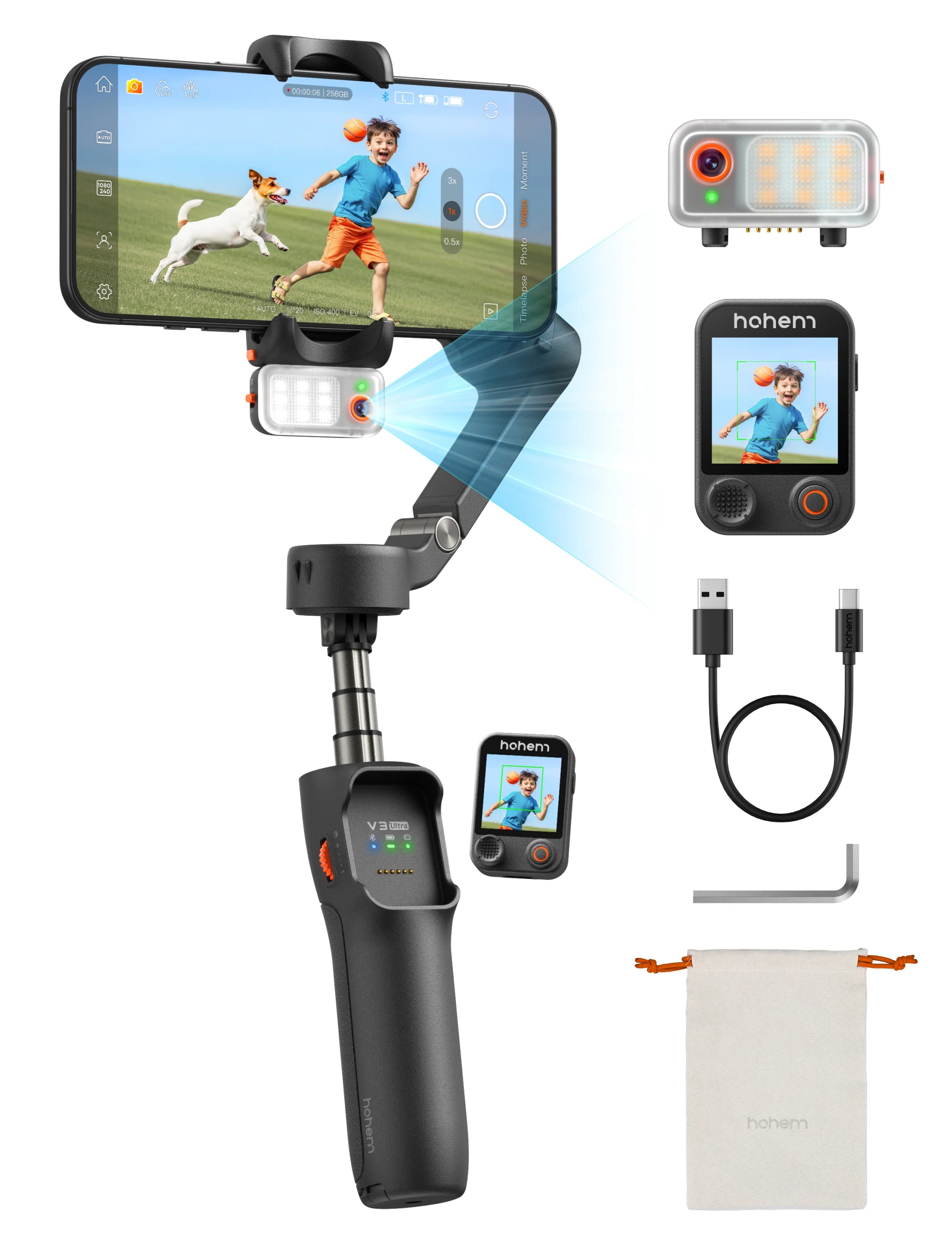Hohem iSteady V3 Ultra Gimbal Stabilizer for iPhone with AI Auto Tracking Detachable Touchscreen Remote Phone Gimbal