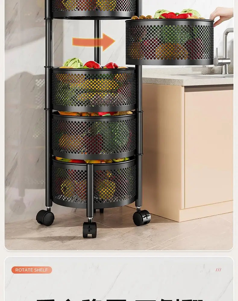 Square Rotating Storage Rack Kitchen Floor-To-Ceiling Multi-Layer Snacks Fruits And Vegetables Sundries Rolling Trolley Basket