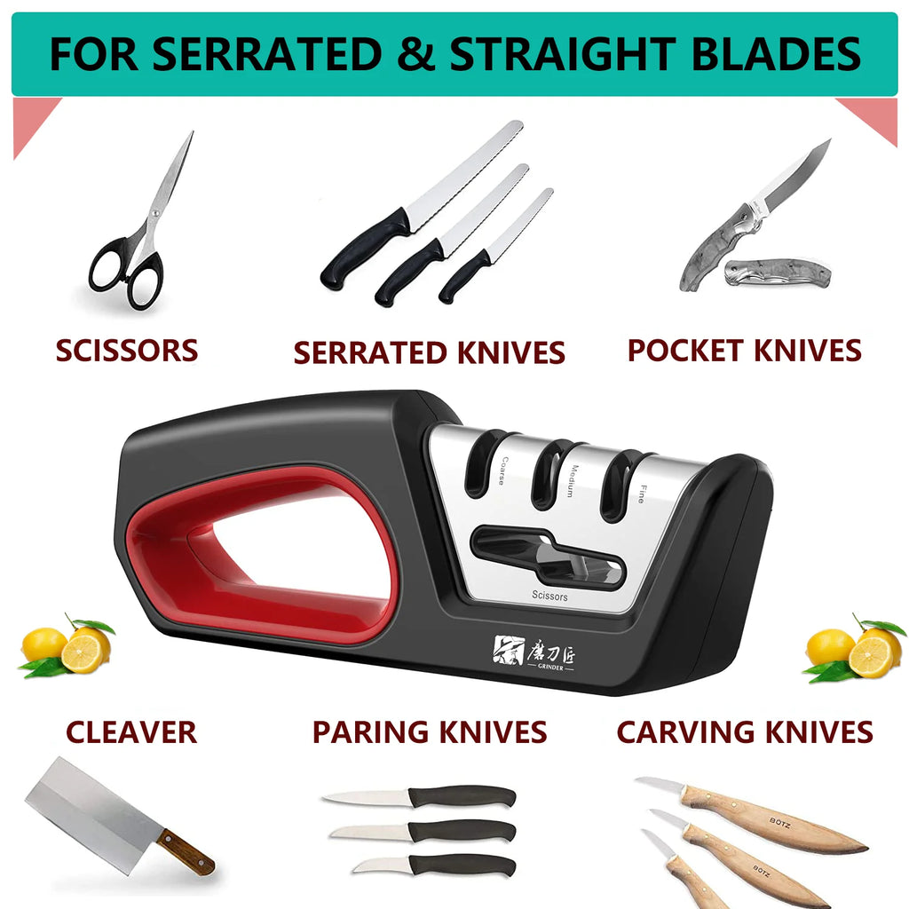 4-in-1 Kitchen Knife Sharpening Kit 3-Stage Sharpener Restores, Revives, and Polishes Blades + Repairs Scissors