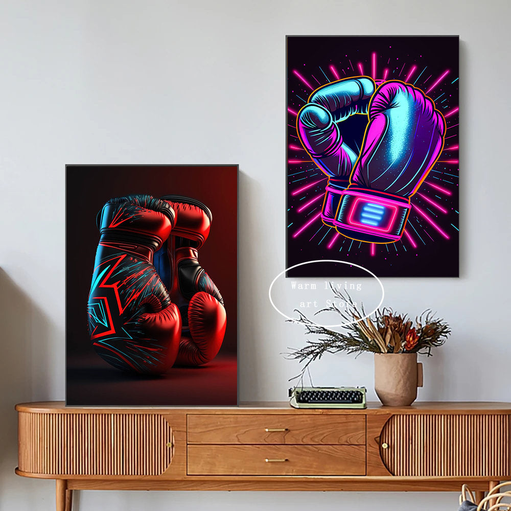 Black Cool Boxing Gloves Boxing Fitness Gloves Aesthetics Poster and Mural Art Canvas Painting Boxing Gym Boys' Room Decoration