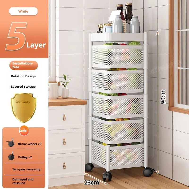 Square Rotating Storage Rack Kitchen Floor-To-Ceiling Multi-Layer Snacks Fruits And Vegetables Sundries Rolling Trolley Basket